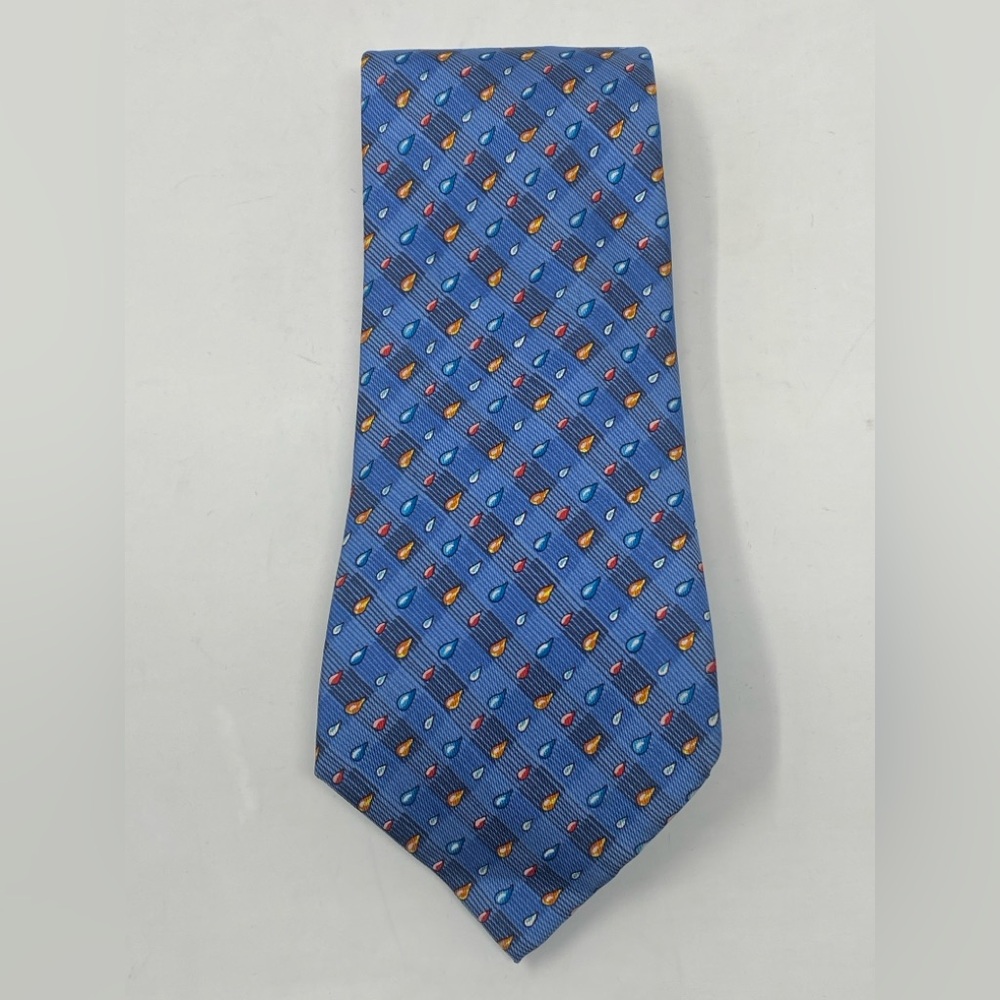 Hermes 100% Silk Tie Blue Colorful Rain Drops 7907 MA Necktie